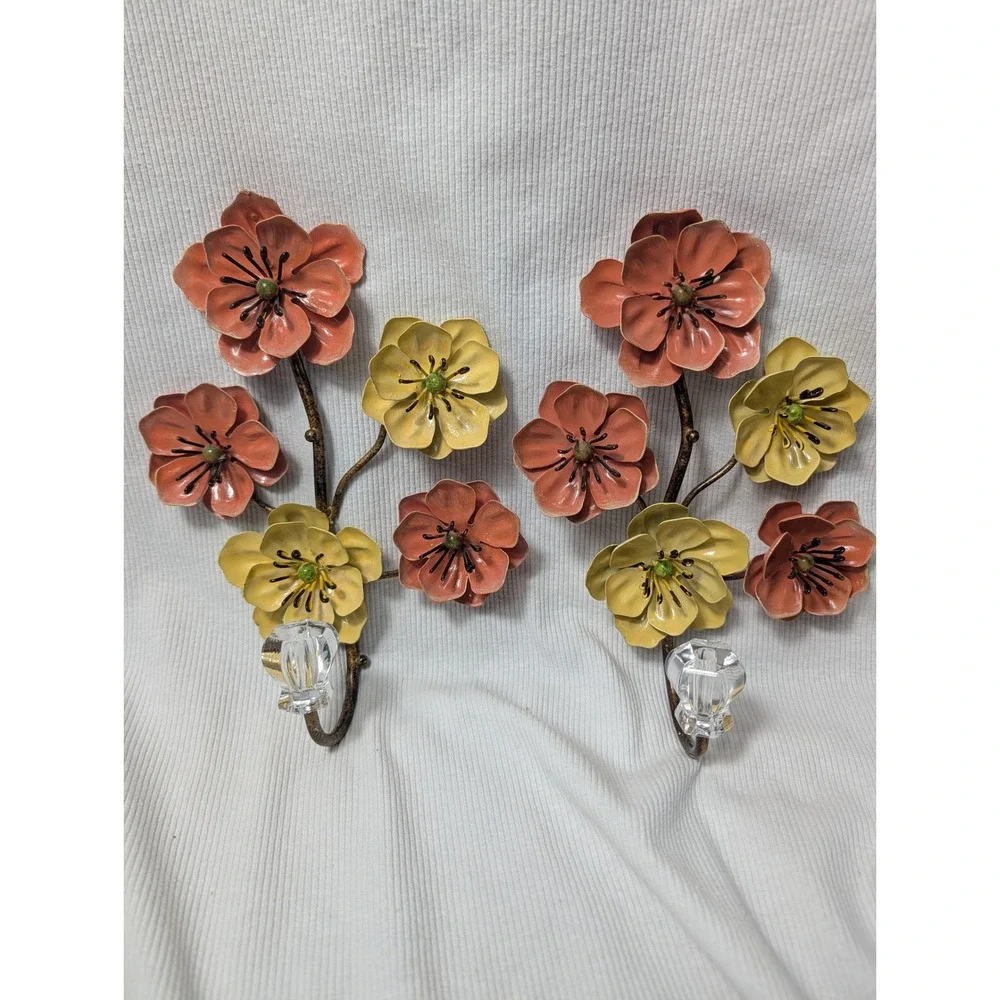 Vintage Metal Floral Wall Hooks Set of 2 Flower Branch Crystal Knob Tiebacks